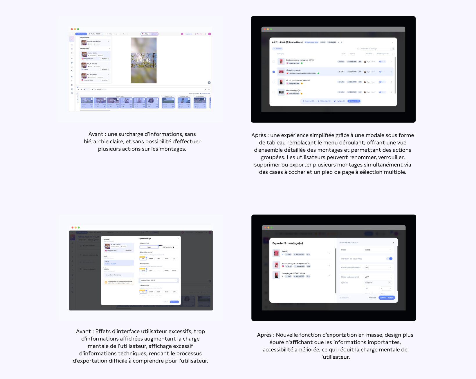 Before / after: simplified navigation and a new bulk export modal.