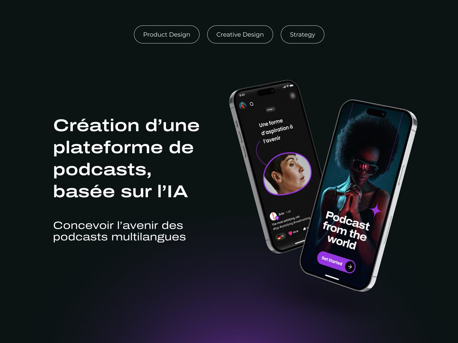 Spika.ai, application de podcasts affichée sur deux smartphones