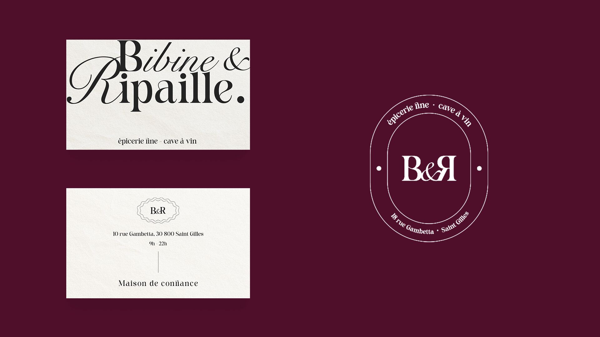 Business cards and badge on the brand burgundy.
