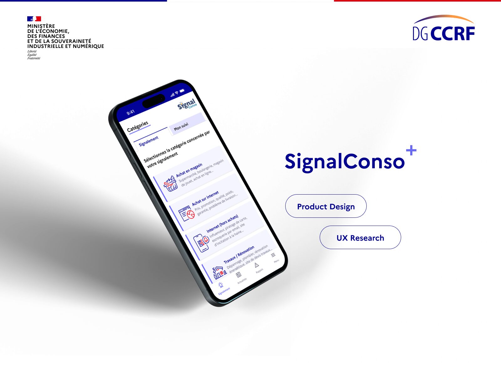 SignalConso app on a smartphone, with DGCCRF logos