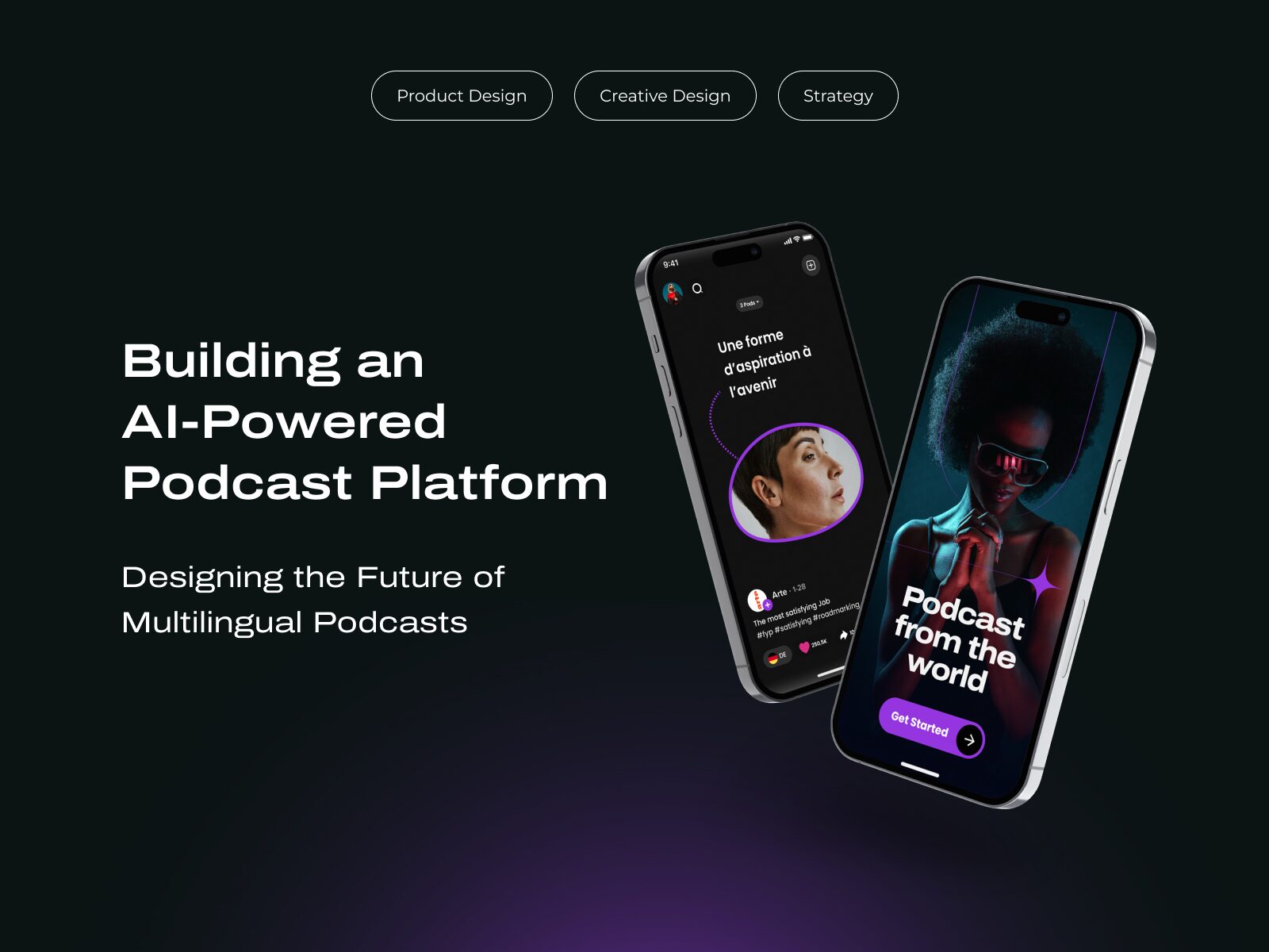 Spika.ai podcast app shown on two smartphones