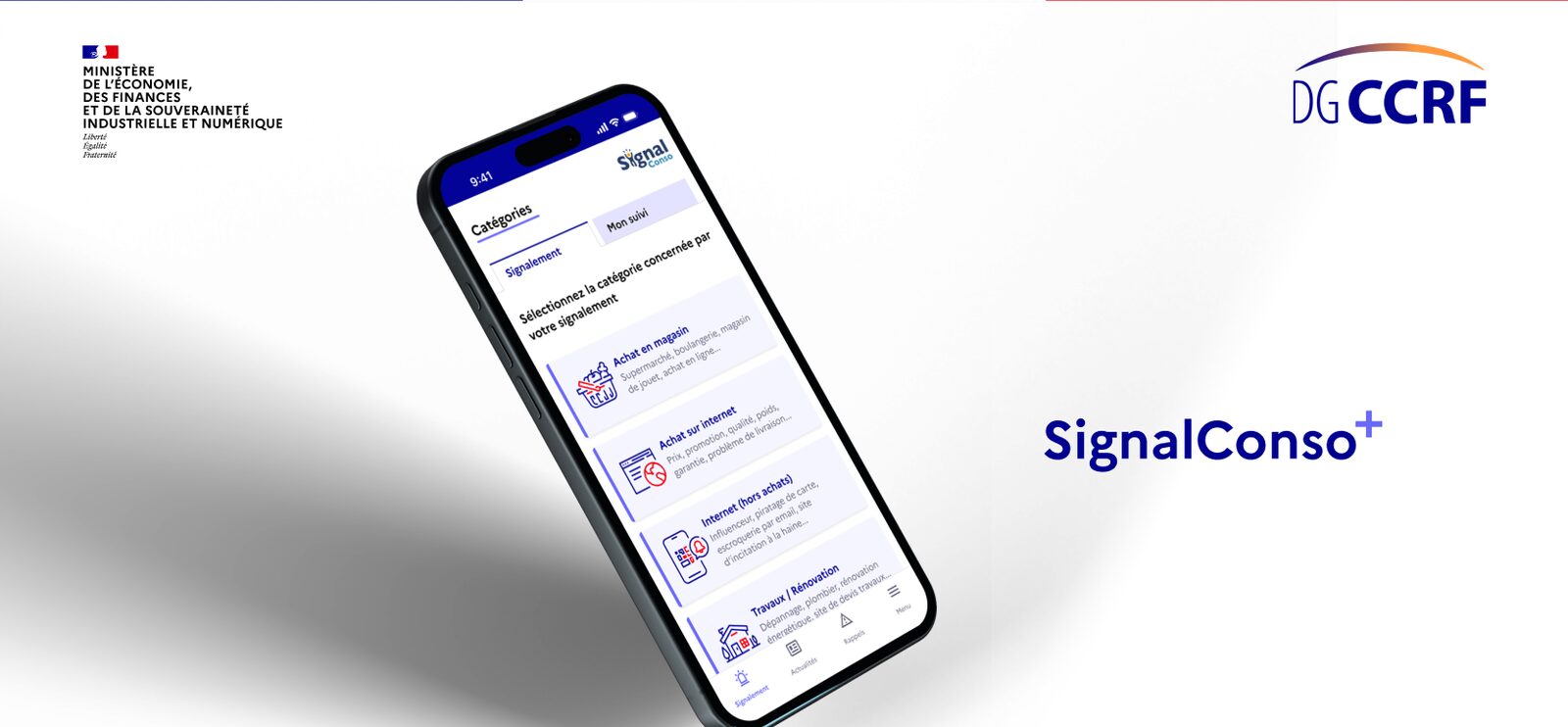 SignalConso app on a smartphone, with DGCCRF logos